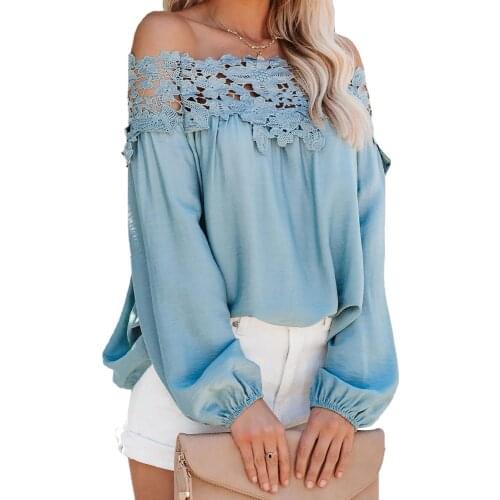 White/Black/Sky Blue Blooming Lace Off The Shoulder Top Women Sweet Slash Neck Hollow Out Casual Summer Autumn Holiday Blouse