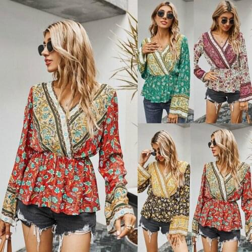 Floral Womens Top 2021 Vacation V-Neck Shirts Autumn Winter Fashion Woman Long Sleeve Black Ladies Clothes Vetement Femme Hiver
