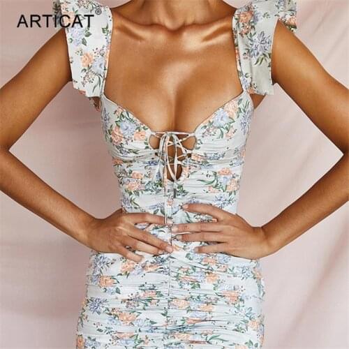 Articat Floral Print Summer Bodycon Dresses Womens Bandage Backless Elegant Sheath Sexy Mini Dress Female Vestidos Partywear