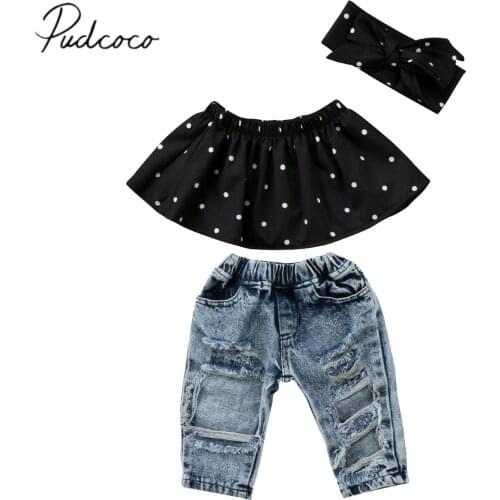 2018 Brand New Fashion Toddler Infant Kids Baby Girls Black Dot Crops Top Hole Casual Denim Pants Headband 3Pcs Outfits Set 0-3T
