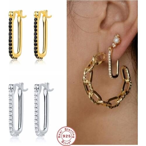 GS 925 Sterling Silver Crystal Circle Round Hoop Earrings for Women Luxury CZ Rectangle Piercing Earrings Punk Rock Jewelry