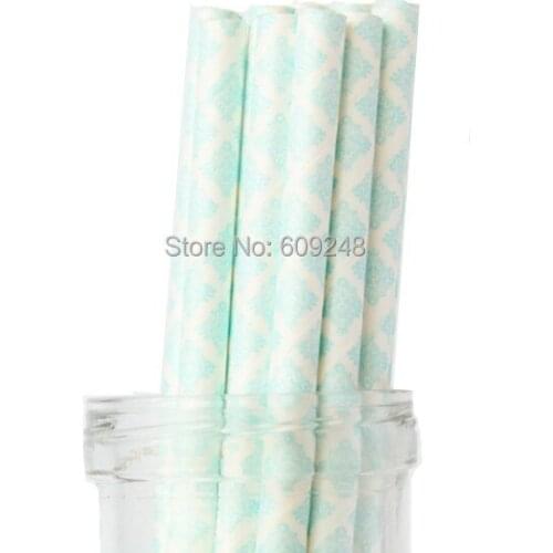 100pcs Pick Your Colors Light Blue Damask Print Paper Straws Party, Bulk, Baby Shower, Chic, Bridal Shower,Beverages, Drinks