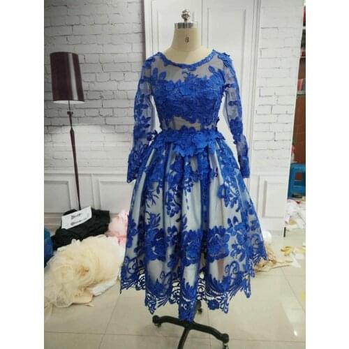 Elegant Womens Short Tea Length Muslim Royal Blue Evening Dresses with Sleeves Tulle Lace Formal Dinner Party Dresses