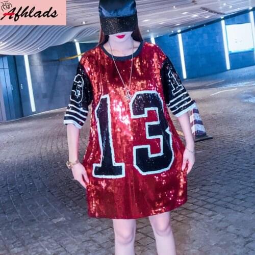 Summer Korean Round Neck Hip Hop Streetwear T-Shirt Women Patchwork Short Sleeved Personality Sequined Oversized Top