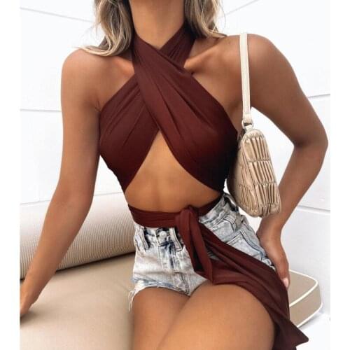 Josiaoprah Women Cross Over Front Cut Out Halter Sleeveless Backless Wrap Crop Top Bandage Vest Summer Sexy Tops Woman Clothes