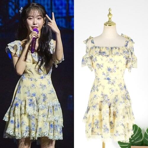 KPOP IU Lee Ji Eun summer new chiffon lace splice strapless sling floral dress women Streetwear party sexy waist mini dresses