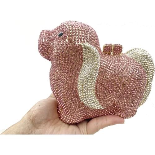 Lovely Pink Sea Lion Mini Purse Handmade Crystal Clutch Animal Shapes Evening Party Bags Hollow Out Rhinestones Womans Handbags