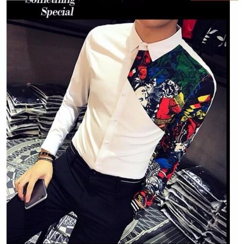 Mens Clothing Autumn Long-sleeve Slim Flower Shirt Fashion Personality Hairstylist Printing Patchwork Shirts Singer Costumes