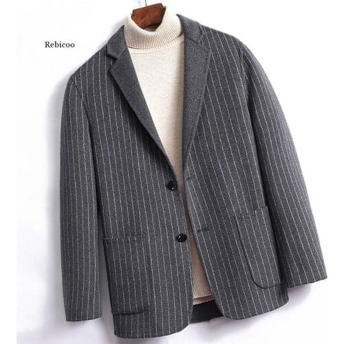 Fall / Winter Mens Double Faced Wool Coat Short Casual Vertical Stripe Suit Woolen Mens Jacket