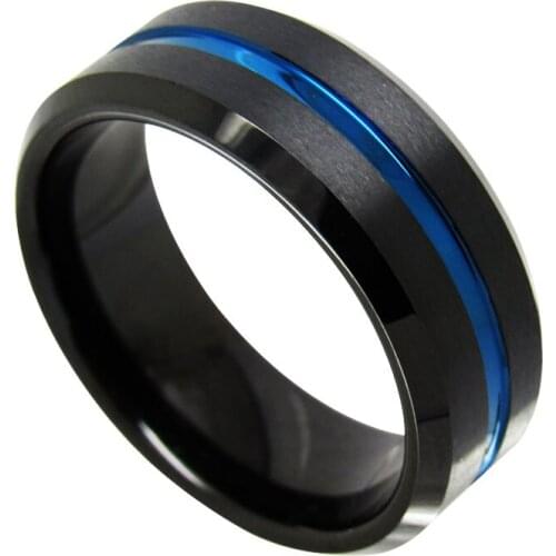 New Arrival 8mm Width Black Tungsten Wedding Rings Band for Man Brushed & Step Finished Groove Blue Inlay Size 6-13 and Half