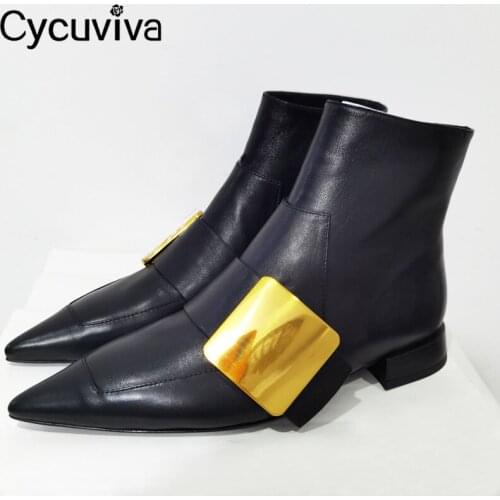 New Black Leather Chelsea Ankle Boots For Women Square Buckle Low Heel Martain Boots Point Toe Casual Shoes Woman Boots 2021