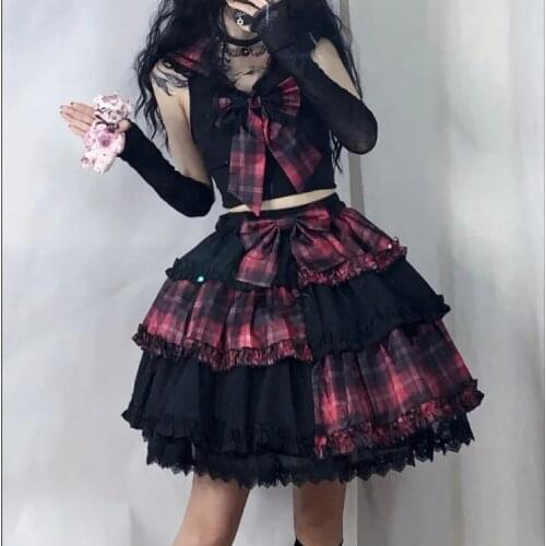 Japanese Harajuku Girls Black Pink Plaid Pleated Skirt Punk Sweet Fashion Kawaii Lolita Cake Mini Skirts