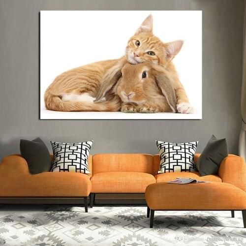 Animal Print Rabbit Ear Poster Canvas Painting Dog Cat Fluffy Rabbit Modern Decoration Nordic Kids Room Decor Wall Art Picture