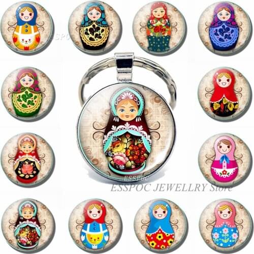 Russian Doll Keychain Matryoshka Sleeve Dolls Cartoon Glass Dome Jewelry Fashion Key Chain Car Keyring Pendant Women Kids Gifts