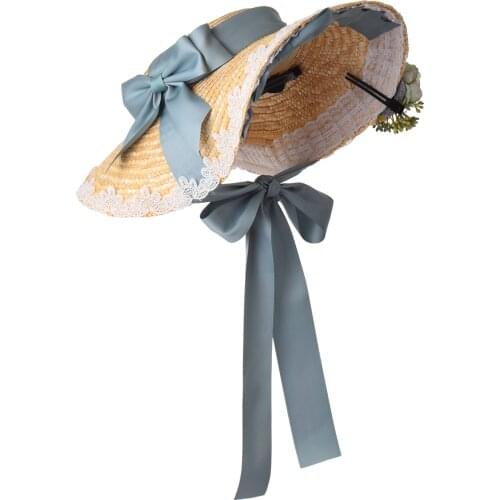 Tea Party Lolita Straw Hat Flat Bonnet Handmade Mori Girl Gorgeous Elegant Princess Bowknot Ribbon Flower Bnt
