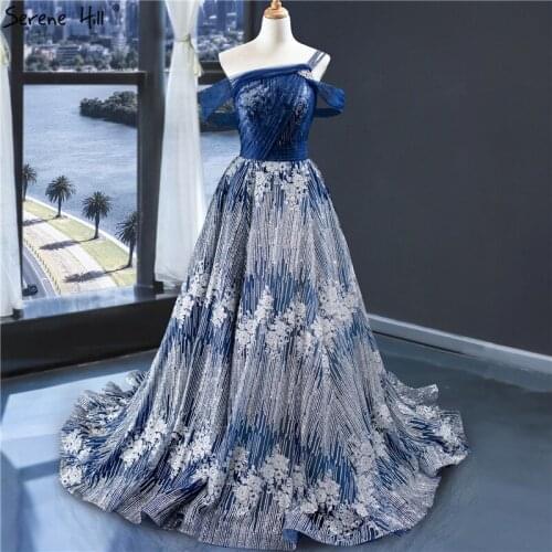 Blue Glitter Sleeveless Sexy A-Line Evening Dresses One Shoulder Tulle Fromal Dresses Serene Hill 2020 HM67008