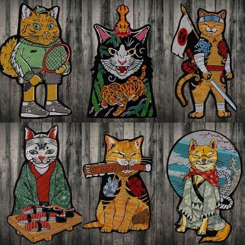 Tattoos Cat with Knife Cat Embroidery Patch Japanese Culture Noodles Iron on Cool Cartoon Patches Sticker Badges for Clothing