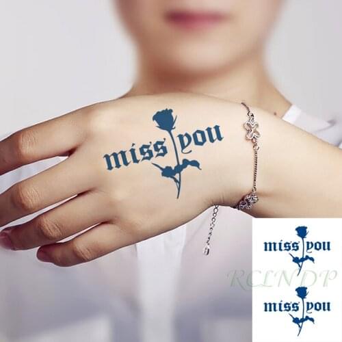 Waterproof Temporary Juice Ink Sticker Rose Flower "Miss You "English Sentence Fruit Gel Long Lasting Tattoo for Men Women