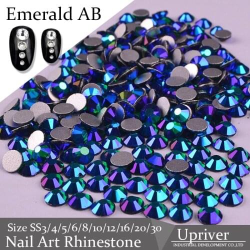 Upriver High Quality Emerald AB More Shiny ss3 -ss30 Flatback Non Hotfix Nail Art Rhinestones for DIY Nails Decoration