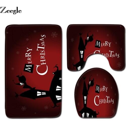 Zeegle Christmas Bath Mat Set Lid Toilet Cover Mat Flannel Anti Slip Shower Carpet Shower Room Rug Floor Mat Bath Accessories