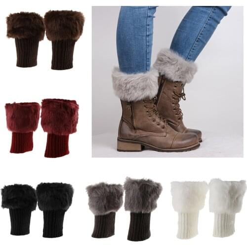 1 Pair Women’s Fuzzy Fluffy Knit Boots Cuff Sleeves Fur Trim Toppers Autumn Winter Leg Warmer elastic band firmly wrapping leg
