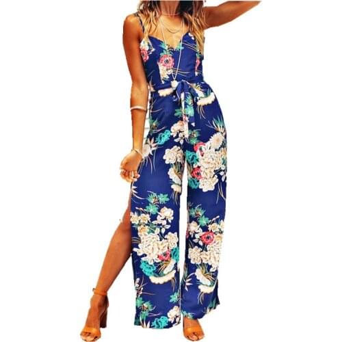 Women Summer Fashion Jumpsuit Strappy-backless Floral Printing Chiffon Overalls Sexy Slit Boho Vocation Long Trousers Overalls