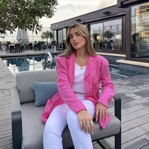 SLMD Women Fashion Chic Pink Thin Cotton Blazer Female Elegant Buttons Pockets Blazer Coats Ladies Casual Outfits