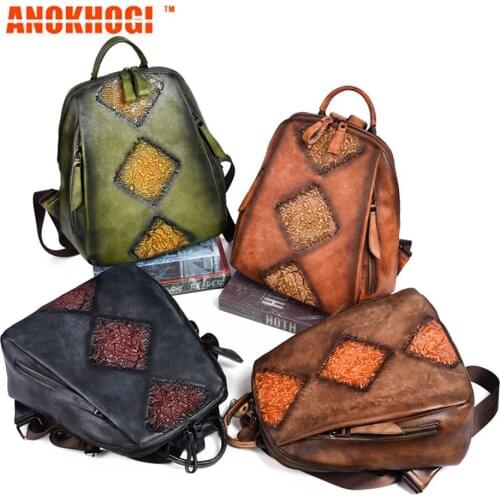 ANOKHOGI Vintage Genuine Leather Backpack Female Multi-Function Big Capacity Backpack Embossing Process ZX158