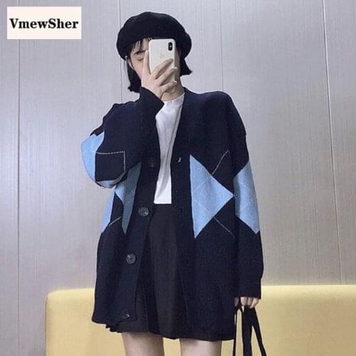 VmewSher New Vintage Argyle Long Sleeve Cardigan Loose Knit Top Women Autumn Spring Casual Single Breasted V Neck Sweater Coat