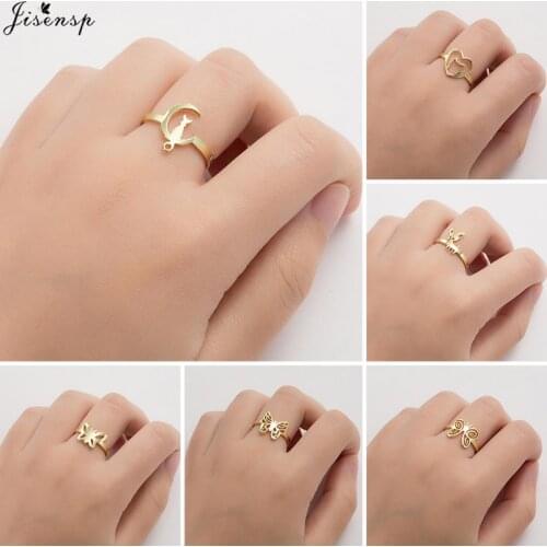 Jisensp Vintage Naughty Cat in the Moon Ajustable Finger Rings Fashion Jewelry for Women Stainless Steel Ring Friendship Gift