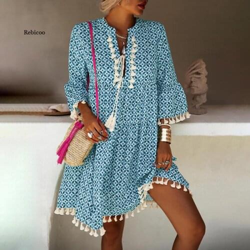 Women Spring Deep V Neck Tassel Party Dress Autumn 3/4 Flare Sleeve Loose Mini Dress Casual Geometric Print Patchwork Lady Dress