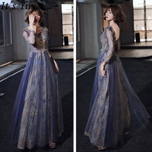 Its Yiiya Evening Dresses V-Neck Long Sleeve Illusion Robe De Soiree LF200 Embroidery Plus Size Floor-Length Formal Gowns