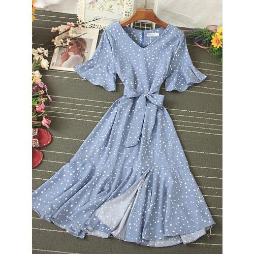 Summer Women Blue/Green/Pink Polka Dot Dress 2020 Vintage High Waist A-line Ladies Vestidos Verano Casual V-neck Dresses New