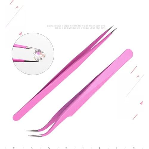 1pcs pink anti-static Curved Straight Tweezers Eyelash Extension Nails Decor Picker Dead Skin Remover Manicure Nail Tools