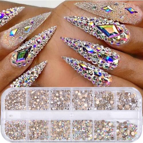12 Grids/box AB Crystal Nail Rhinestones 3D Glitter Diamond Nail Art Decorations Gems Shiny Beads Manicure Stones Accesoires
