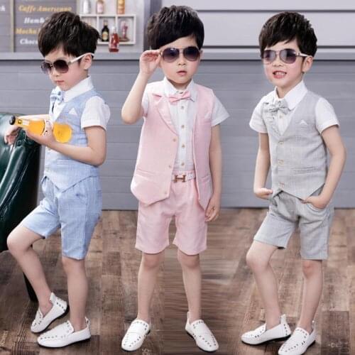 4pcs Summer Children Clothing Sets Vest Pants Formal Boys Wedding Suits Dresses Kids Tuxedo Set Gentleman Boy School Outfits