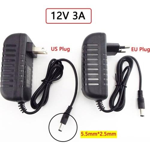 Adapter Power Supply AC to DC 12V 3A US EU Plug Charging Port Converter Charger 5.5mmx2.5mm 3000mA For LED Strip Lamp