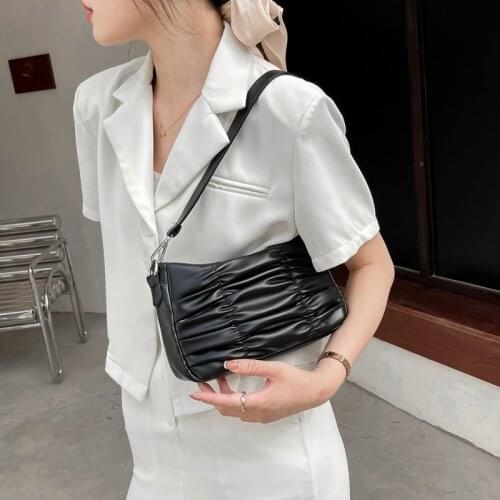Womens Hobos White Underarm Bag Pleated PU Leather Female Shoulder Crossbody Bags Simple Designer Ladies Small Purses Handbags