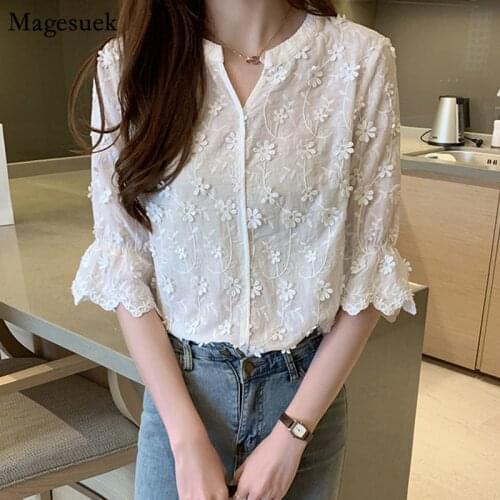 Summer Elegant White Blouse Women 2021 Short Sleeve Floral Womens Shirt Tops Plus Size Loose Blouses Women Casual Clothes 9638
