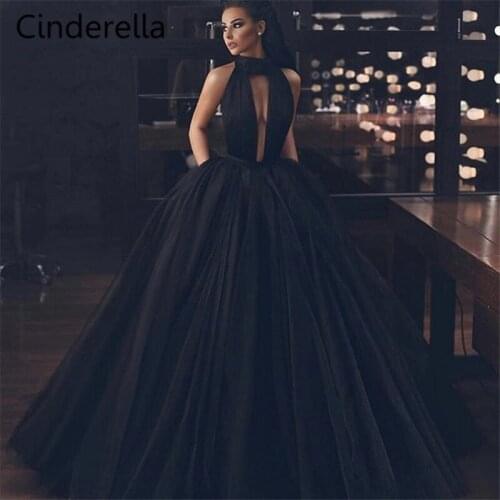 Cinderella Black V-Neck Sleeveless Ball Gown Sweep Train Tulle Zipper Back Evening Dresses vestidos de fiesta de noche