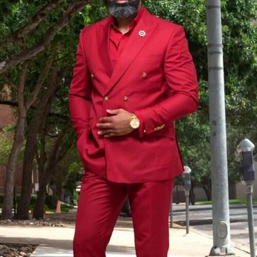 Double Breasted Red Men Suits Slim Fit Peak Lapel Costume Wedding Groom Tuxedo 2 Piece Male Fashion Jacket with Pants 2021