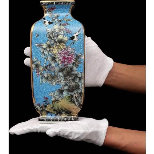 Qing Dynasty Qianlong Enamel Painting Golden Square Flower and Bird Vases Antique Porcelain Collection
