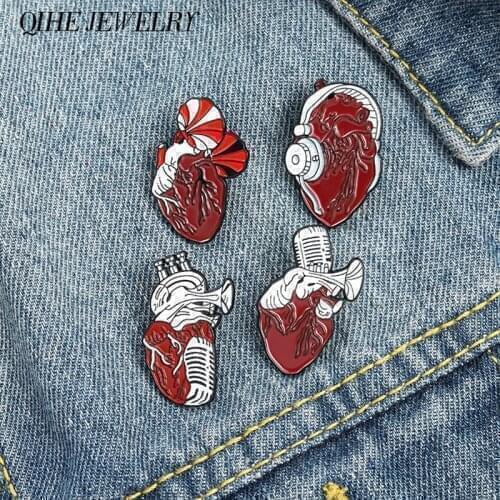 QIHE JEWELRY Musical Instrument Enamel Pin Heart Anatomy Phonograph Headset Microphone Saxophone Brooches Music Lover Badges