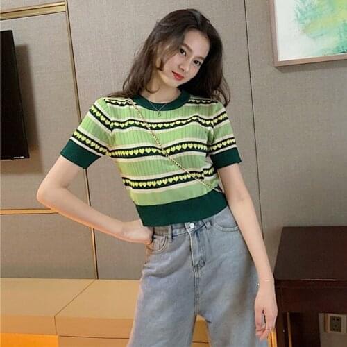 T Shirts Women Korean Summer New Vintage Green Striped Soft Knit Simple Top Slim Thin Casual Short Sleeve O Neck Tees Y337