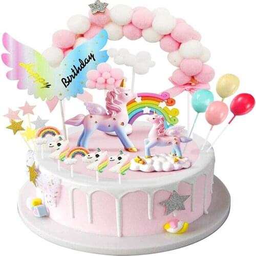 Unicorn cake top hat, birthday cake decoration, 1 pink fur ball arch 1 rainbow 1 happy birthday banner 2 clouds 4 balloons 10 st