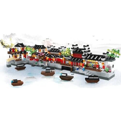 Jiangnan Water Town Street View Building Blocks Cloth Workshop Folk House Pharmacy Academy Post Office Bricks Model Kid Toy Gift