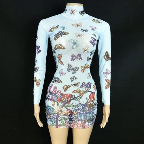 Fashion Design Blue Butterfly Flowers Dress Sexy Transparent Evening Dance Party Costume Stage Rhinestones Singer Clothing