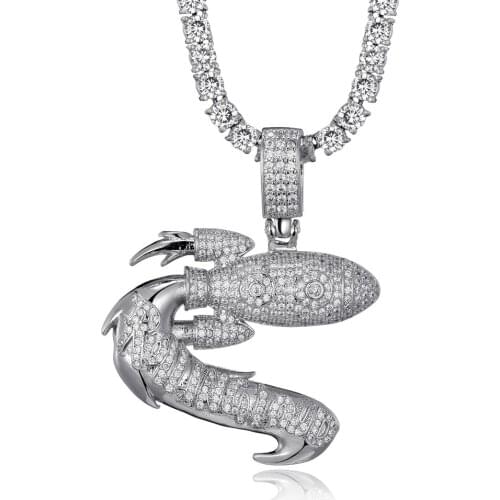 Men Iced Out Bling Rocket Zircon Pendant Hip Hop Rock Gold Silver Color Jewelry Gift with Stainless Steel Chain Necklace