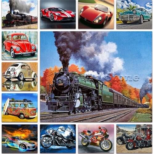 New 5D Full Square Diamond painting embroidery Cross stitch motorcycle train Bus machine 3D Drawing mosaic Sports car locomotive