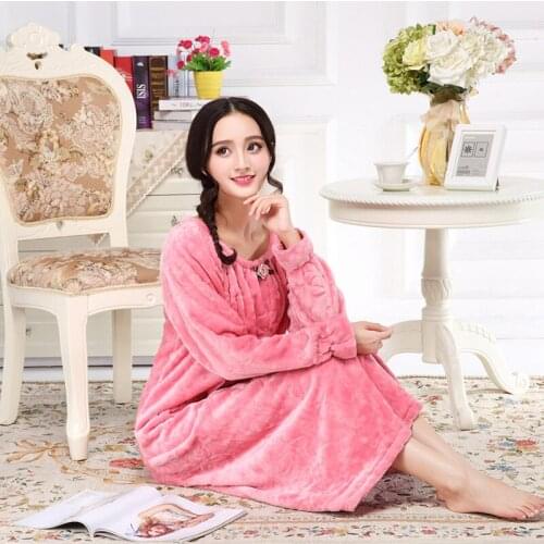 Autumn/Winter Ladies Flannel Double Upgrade Coral Pile Warm Long Oversize Nightgown Sleepwear Home Wear Casual Home Clothing